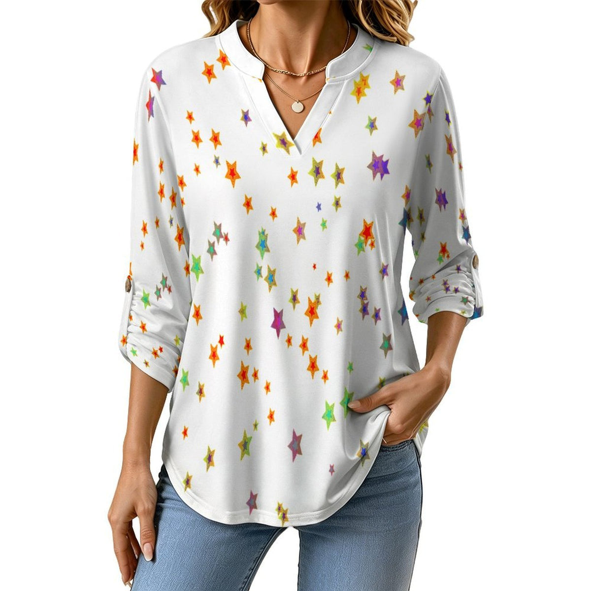 Colored Stars Roll Tab 3/4 Sleeve Notched V Neck Tunic Blouse