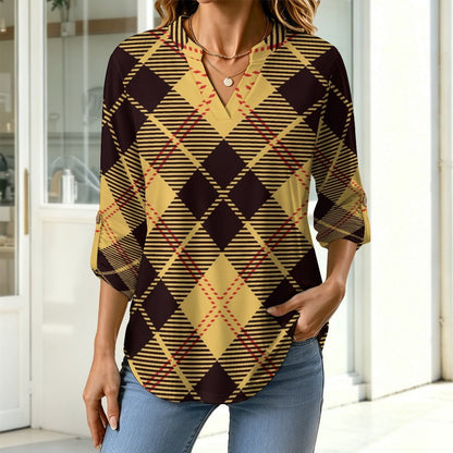 Versatile Notched V-Neck Tunic | Roll Tab 3/4 Sleeve Office Casual Top  Tartan Dresses Are Retro