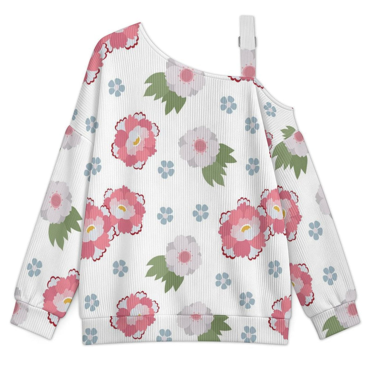 Fall Casual Asymmetric Shoulder Knit Top with Buckle Detail Floral Pattern