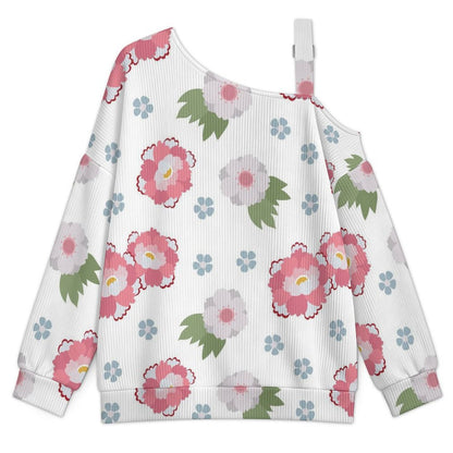 Fall Casual Asymmetric Shoulder Knit Top with Buckle Detail Floral Pattern
