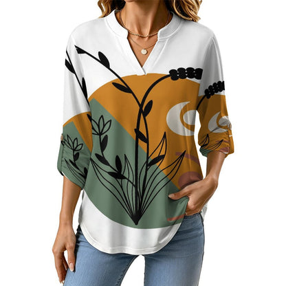 Chinese Wind Scenery  Versatile Notched V-Neck Tunic | Roll Tab 3/4 Sleeve Office Casual Top