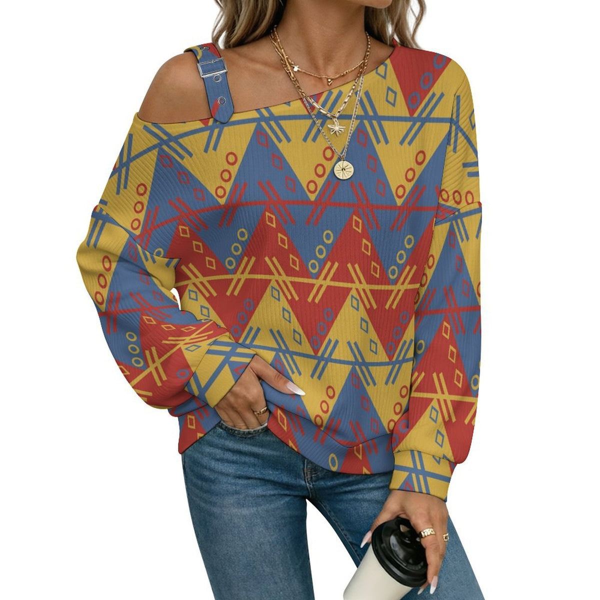 Wavy Grid Buckle Strap Asymmetrical Off Shoulder Knit Sweater