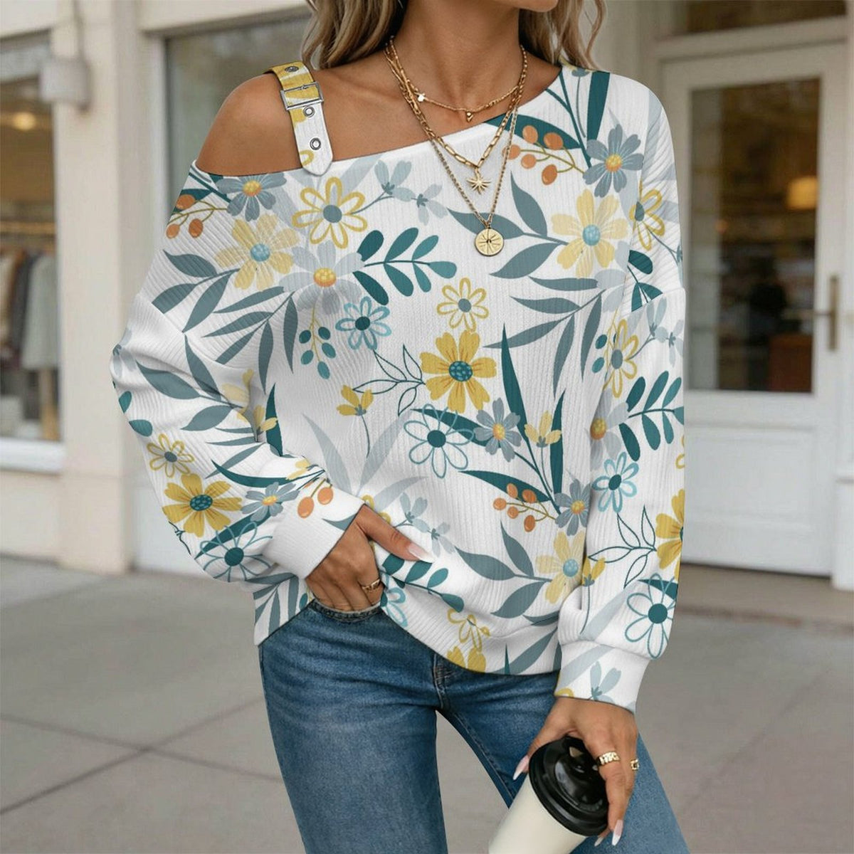 Floral Pattern Women’s Off-Shoulder Knit Sweater