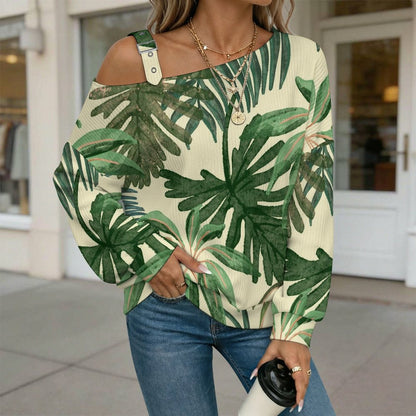 Ink Painting, Hemp Leaf Buckle Strap Asymmetrical Off Shoulder Knit Sweater