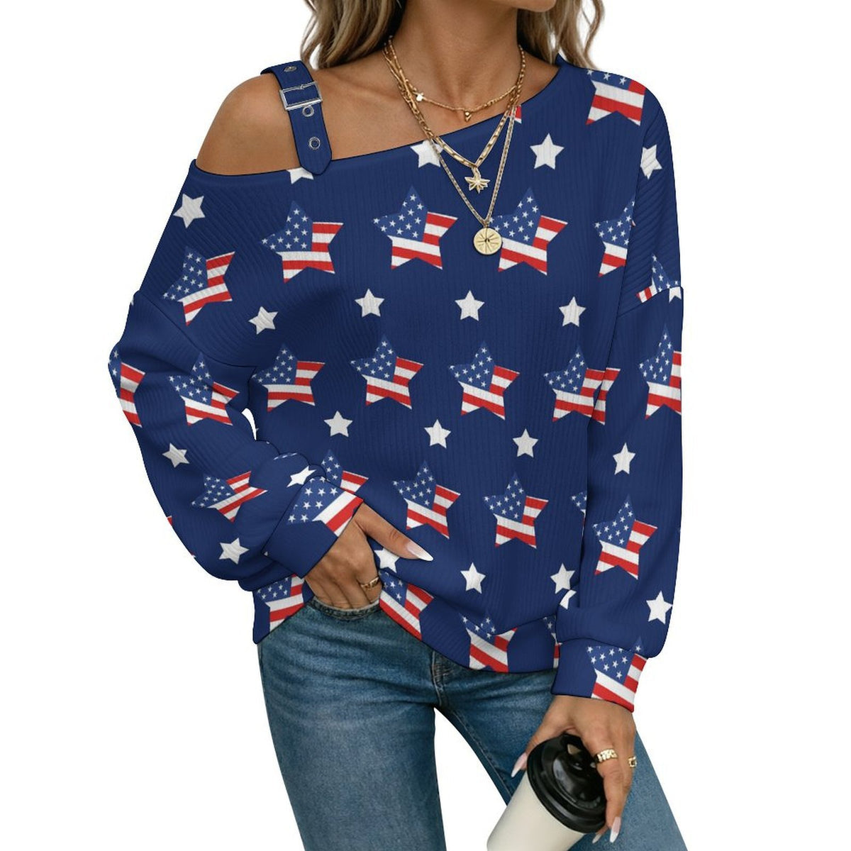 Buckle Strap Asymmetrical Off Shoulder Knit Sweater American Flag Star