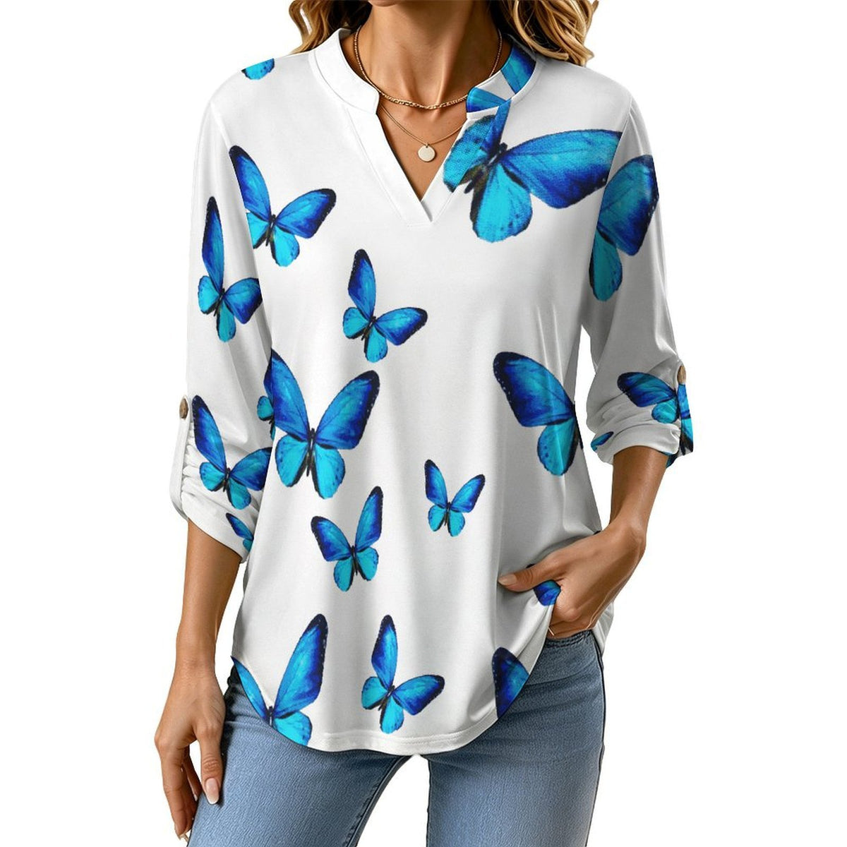 Women's Notched V Neck Tunic Tops, Roll Up 3/4 Sleeve Button Cuff Casual Blouse, Hem Loose Work Shirts  Blue Butterfly in My Dream