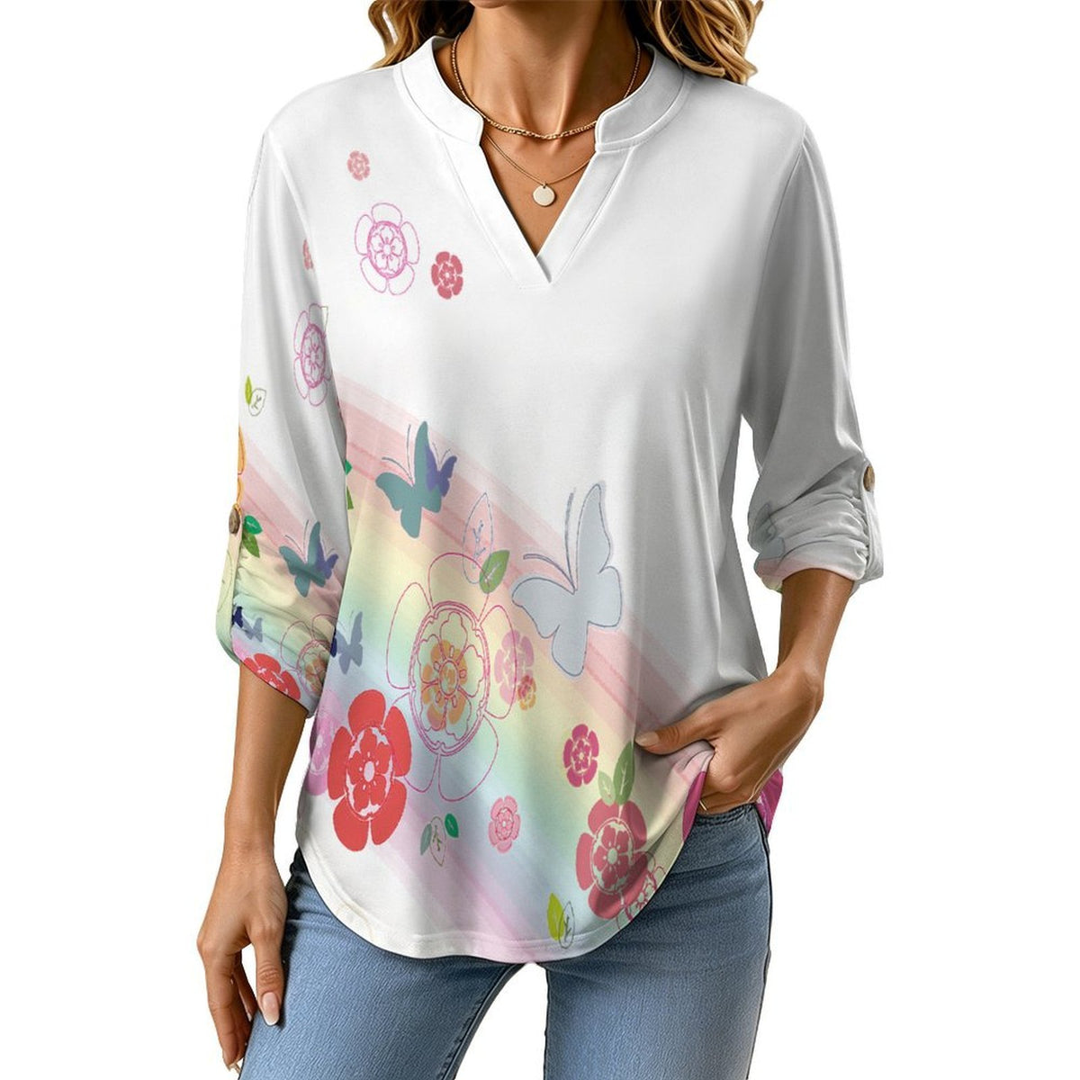 Women's Notched V Neck Tunic Tops, Roll Up 3/4 Sleeve Button Cuff Casual Blouse, Hem Loose Work Shirts  Colored Butterfly