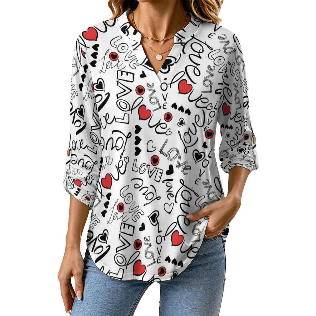Women Curved Hem V Neck Roll Sleeve Casual Work Top  Love