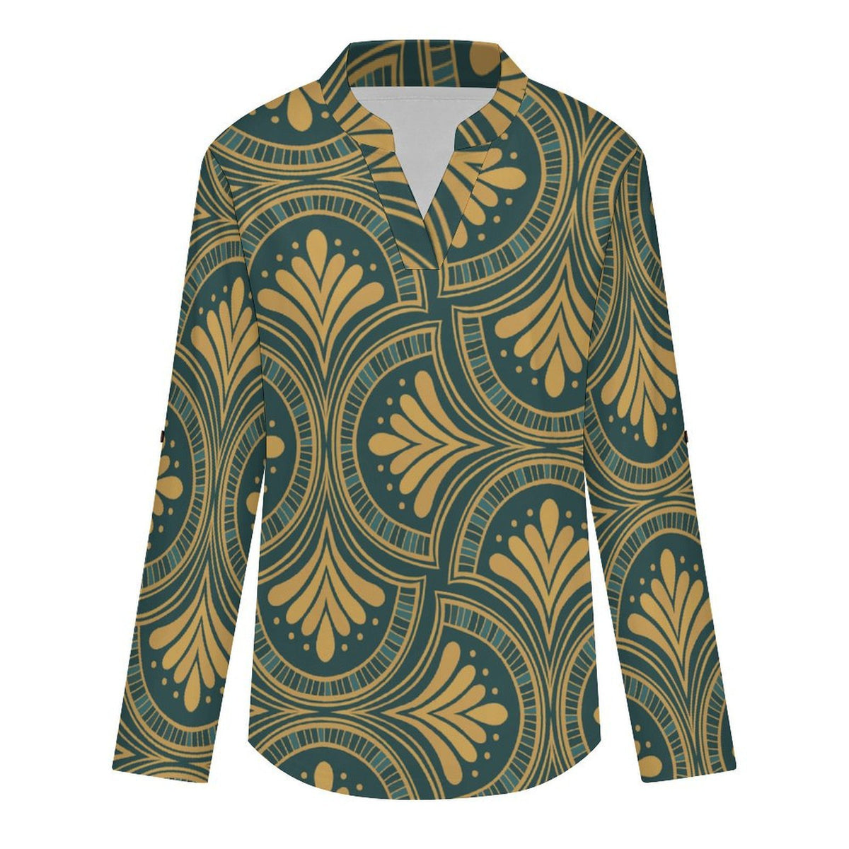 Retro Pattern Roll Tab 3/4 Sleeve Notched V Neck Tunic Blouse