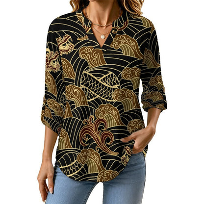 Retro Pattern, Cloud, Dragon Roll Tab 3/4 Sleeve Notched V Neck Tunic Blouse
