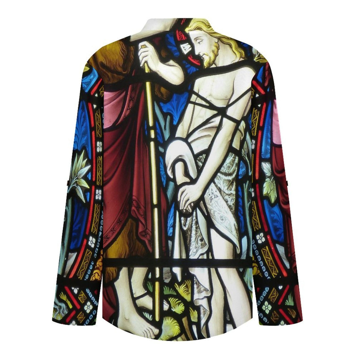 Roll Tab 3/4 Sleeve Notched V Neck Tunic Blouse  Jesus Church Windows Faith