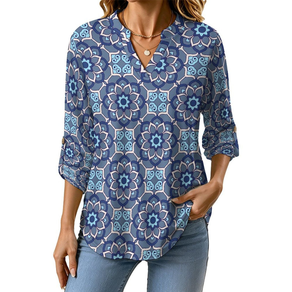 Women Curved Hem V Neck Roll Sleeve Casual Work Top  Batik