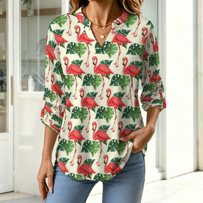 Women Curved Hem V Neck Roll Sleeve Casual Work Top  Flamingo, Repeating Pattern