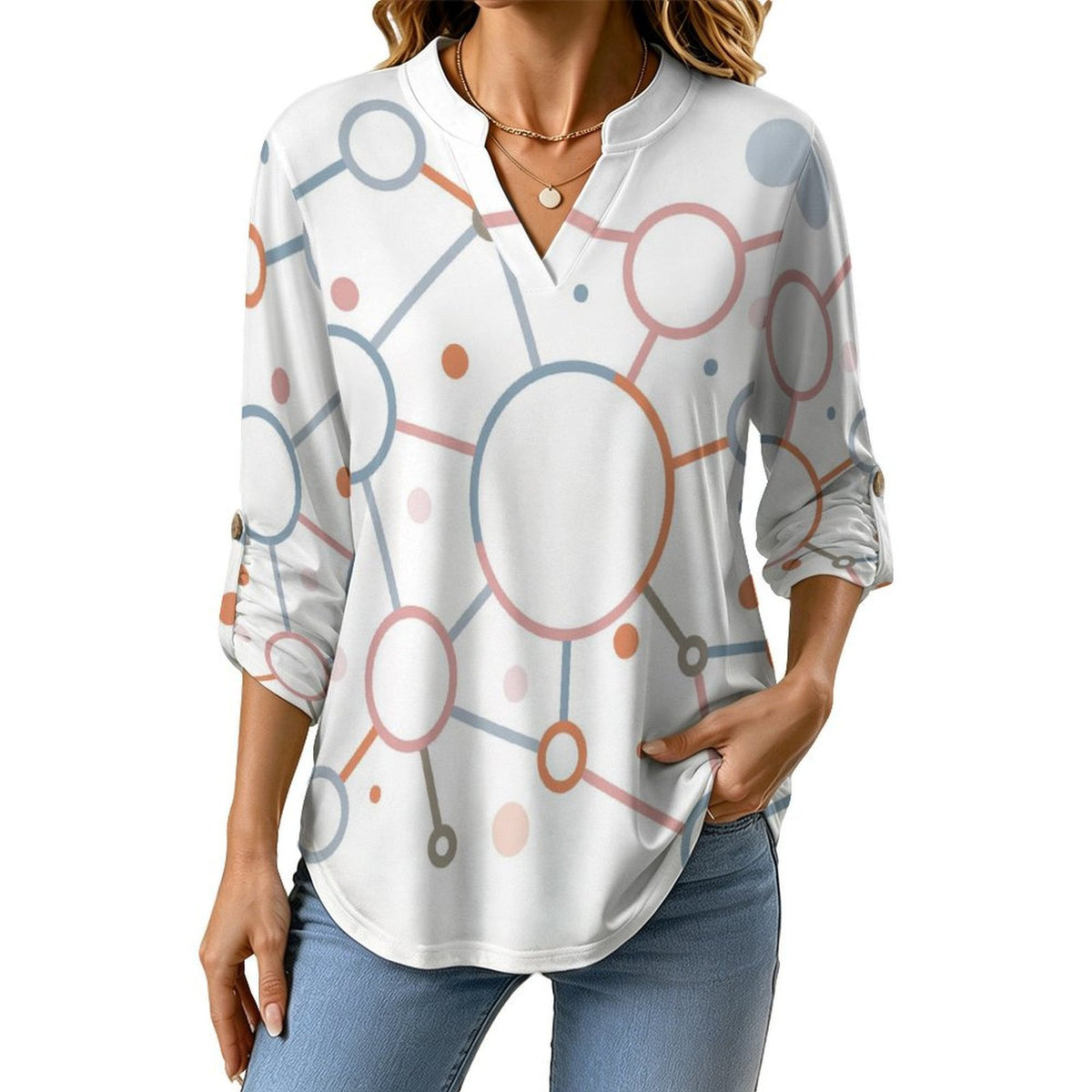 Women's Notched V Neck Tunic Tops, Roll Up 3/4 Sleeve Button Cuff Casual Blouse, Hem Loose Work Shirts  Web Colored Circle