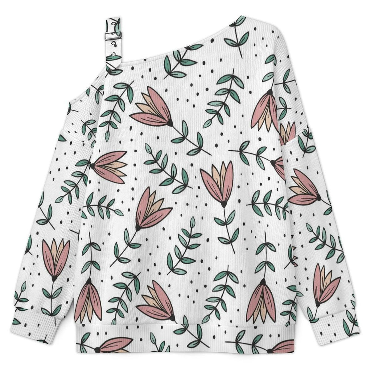 Off-the-shoulder Sweater Long Sleeve Relaxed-Fit Solid PulloverFlowers Background