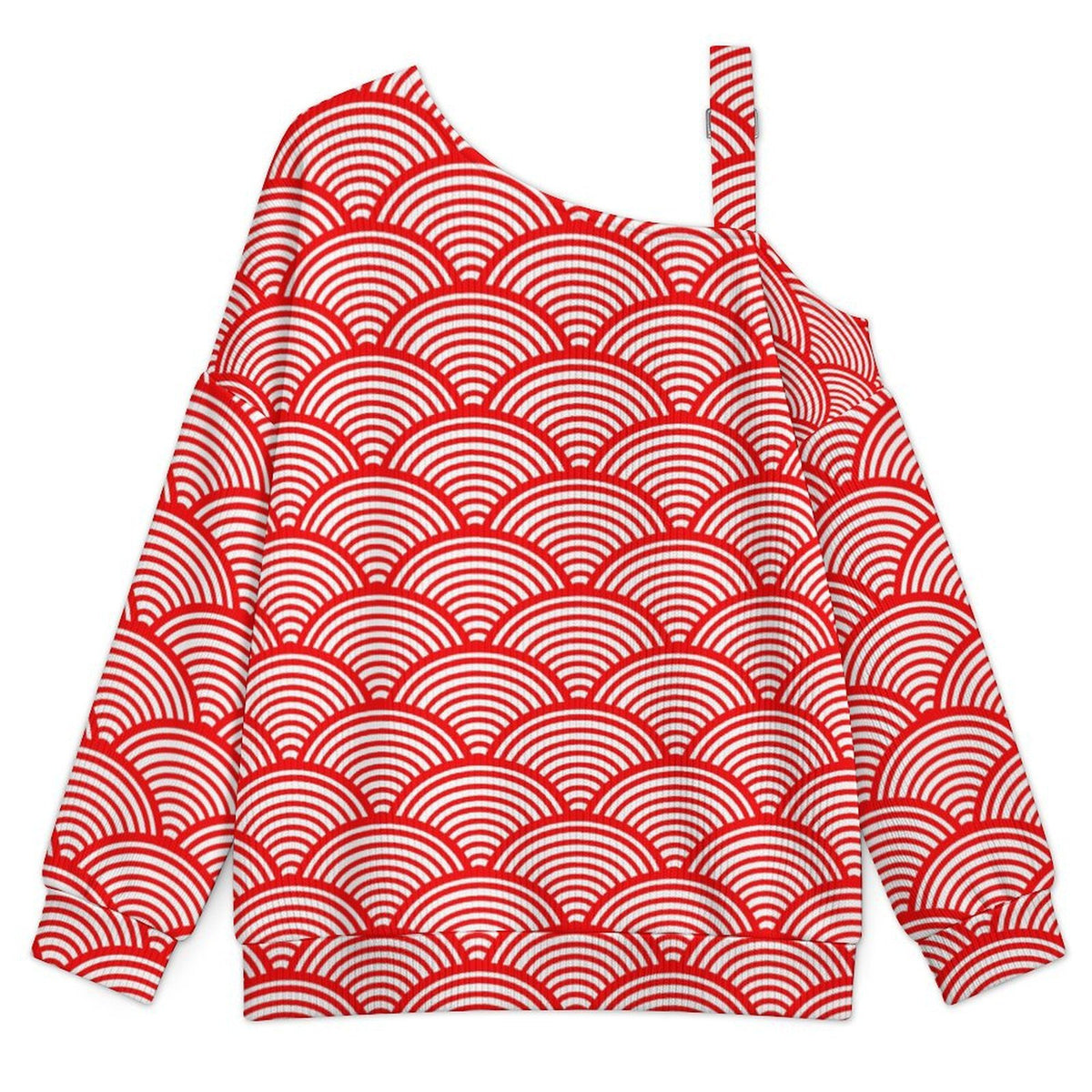 Fall Casual Asymmetric Shoulder Knit Top with Buckle Detail Red Stripe, Scale Pattern