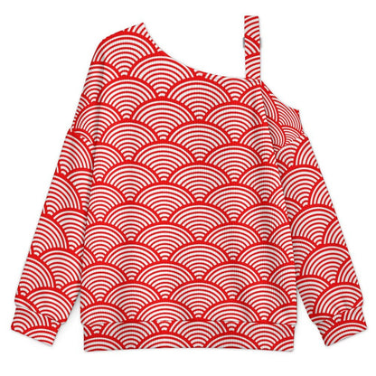 Fall Casual Asymmetric Shoulder Knit Top with Buckle Detail Red Stripe, Scale Pattern