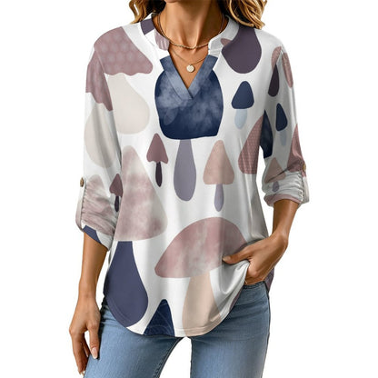 Mushrooms Background  Versatile Notched V-Neck Tunic | Roll Tab 3/4 Sleeve Office Casual Top