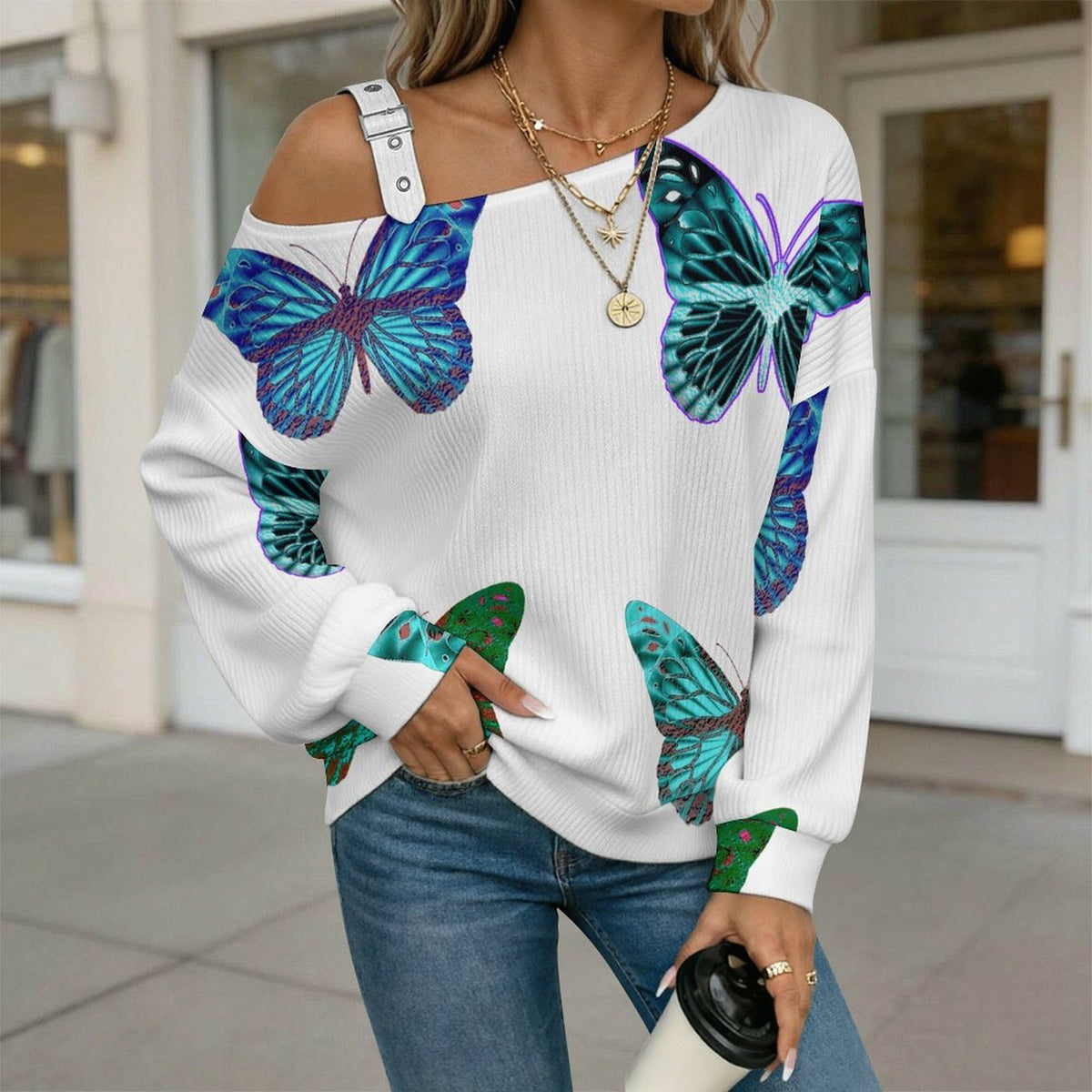 Off-the-shoulder SweaterColored Butterfly Women’s Off-Shoulder Knit Sweater