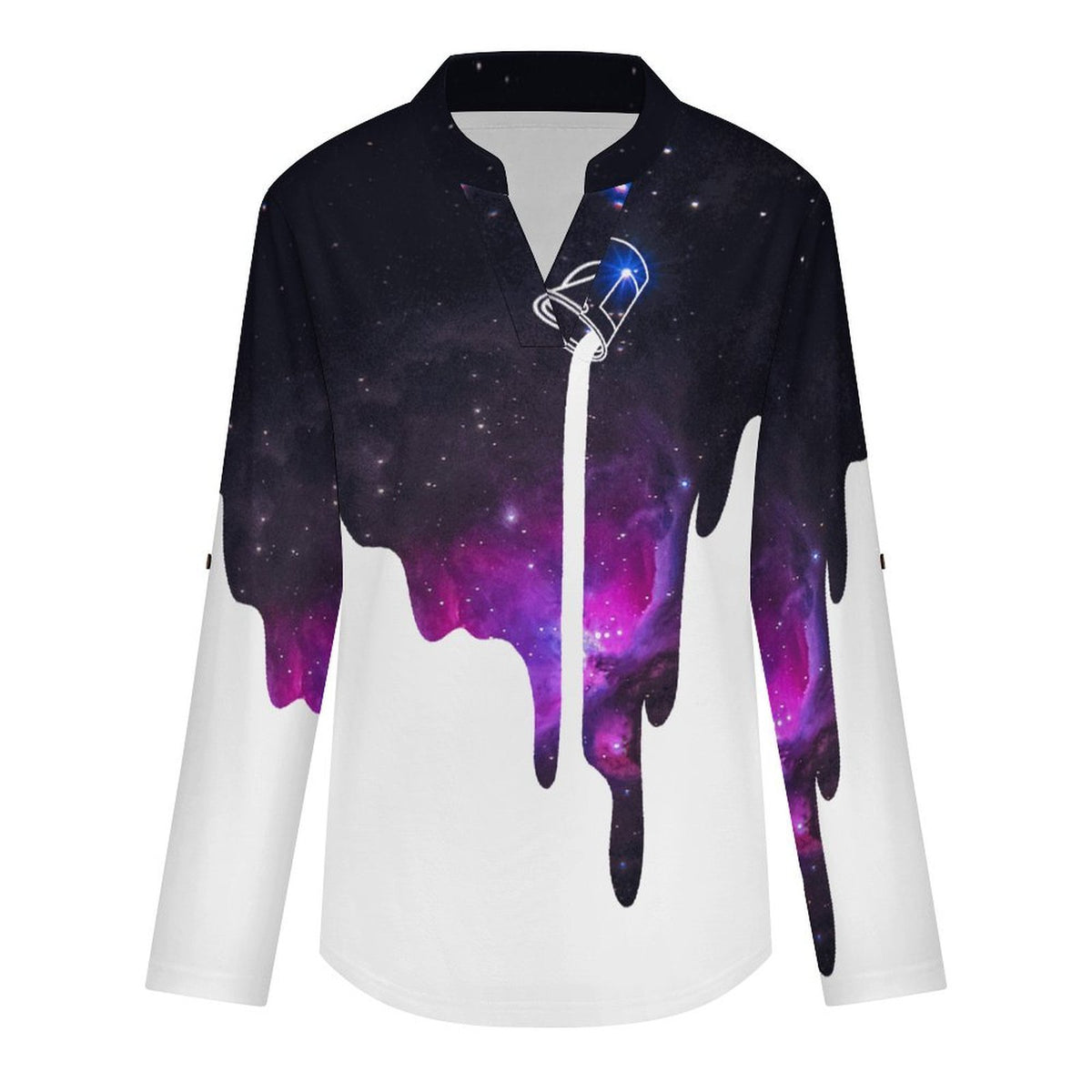 Starry Sky  Versatile Notched V-Neck Tunic | Roll Tab 3/4 Sleeve Office Casual Top