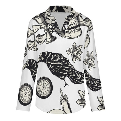Skull Repeat Pattern  Versatile Notched V-Neck Tunic | Roll Tab 3/4 Sleeve Office Casual Top