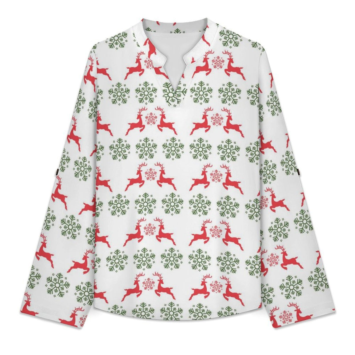 Women's Notched V Neck Tunic Tops, Roll Up 3/4 Sleeve Button Cuff Casual Blouse, Hem Loose Work Shirts  Christmas-snowflake-reindeer-red-green-tiled-repeat