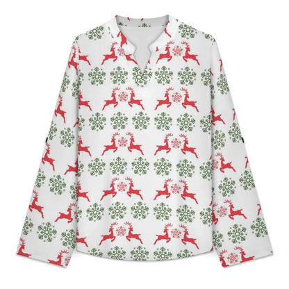 Women's Notched V Neck Tunic Tops, Roll Up 3/4 Sleeve Button Cuff Casual Blouse, Hem Loose Work Shirts  Christmas-snowflake-reindeer-red-green-tiled-repeat