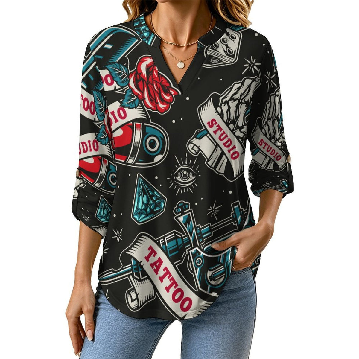 Retro Pattern, Skeleton, Rose  Versatile Notched V-Neck Tunic | Roll Tab 3/4 Sleeve Office Casual Top