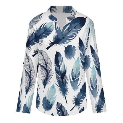 Versatile Notched V-Neck Tunic | Roll Tab 3/4 Sleeve Office Casual Top  Feathered Bird
