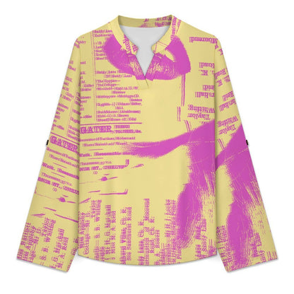 Stand-up Collar Long-sleeved Shirt Newspaper Girl Vintage white S Women’s V-Neck Blouses