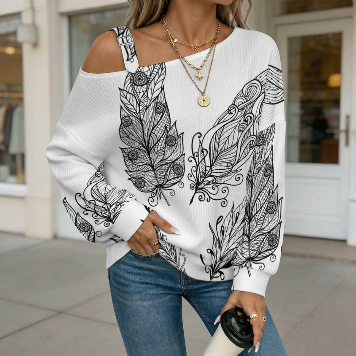 Feathers Fall Casual Asymmetric Shoulder Knit Top with Buckle Detail