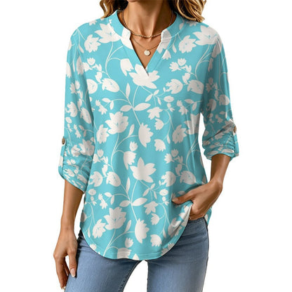 Flower  Versatile Notched V-Neck Tunic | Roll Tab 3/4 Sleeve Office Casual Top