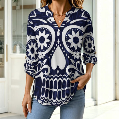 Skul,folk-customl  Versatile Notched V-Neck Tunic | Roll Tab 3/4 Sleeve Office Casual Top