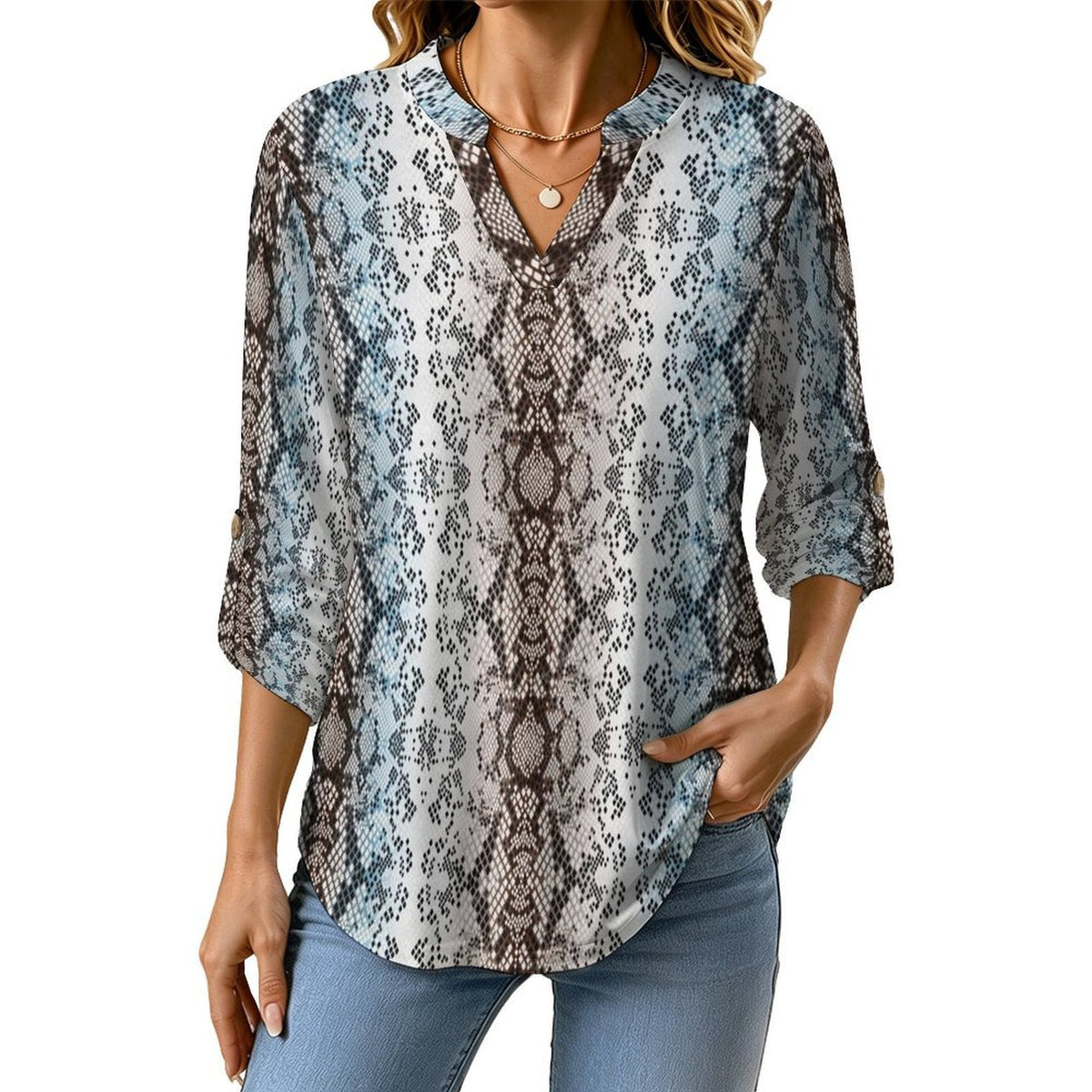 Snakeskin Pattern, Repeating Pattern Roll Tab 3/4 Sleeve Notched V Neck Tunic Blouse