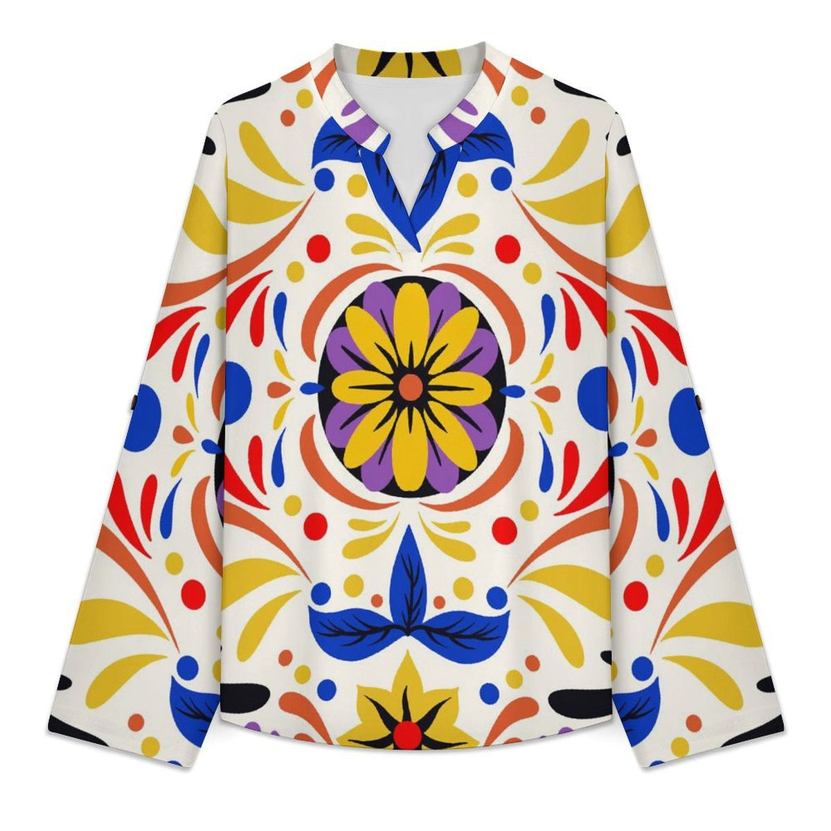 Stand-up Collar Long-sleeved Shirt Mexico Pattern white SWomen’s V-Neck Blouses
