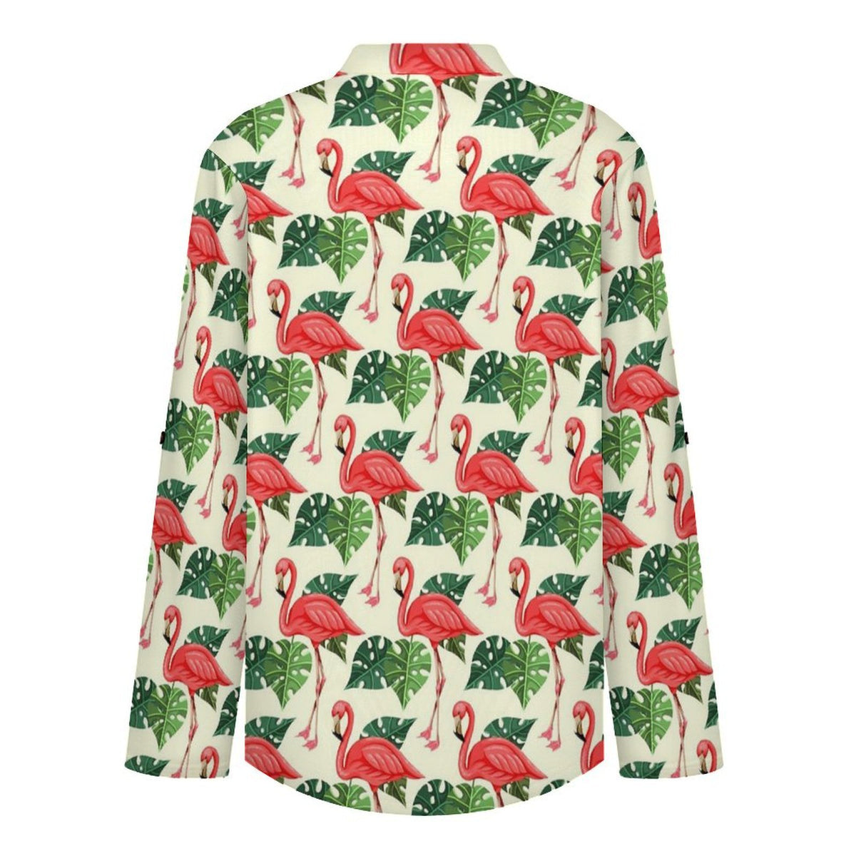 Women Curved Hem V Neck Roll Sleeve Casual Work Top  Flamingo, Repeating Pattern