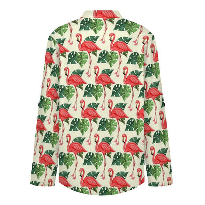 Women Curved Hem V Neck Roll Sleeve Casual Work Top  Flamingo, Repeating Pattern