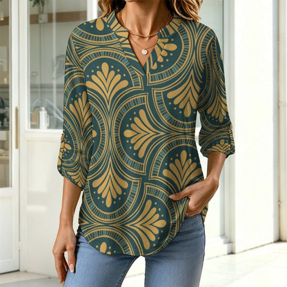 Retro Pattern Roll Tab 3/4 Sleeve Notched V Neck Tunic Blouse