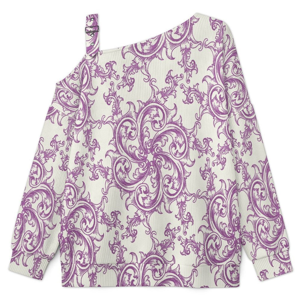 Fall Casual Asymmetric Shoulder Knit Top with Buckle Detail Purple Retro Pattern