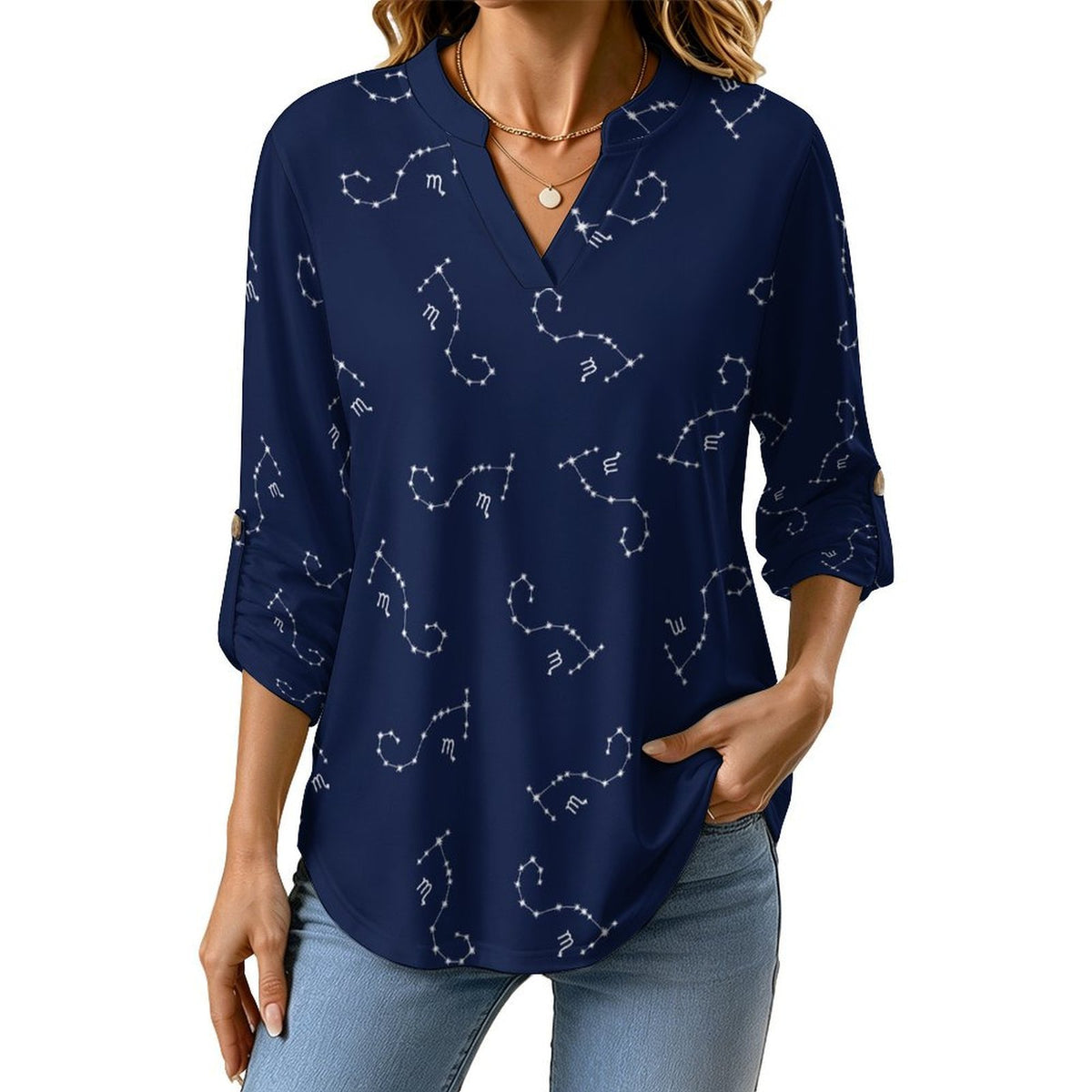 Versatile Notched V-Neck Tunic | Roll Tab 3/4 Sleeve Office Casual Top  Scorpio Dark Blue