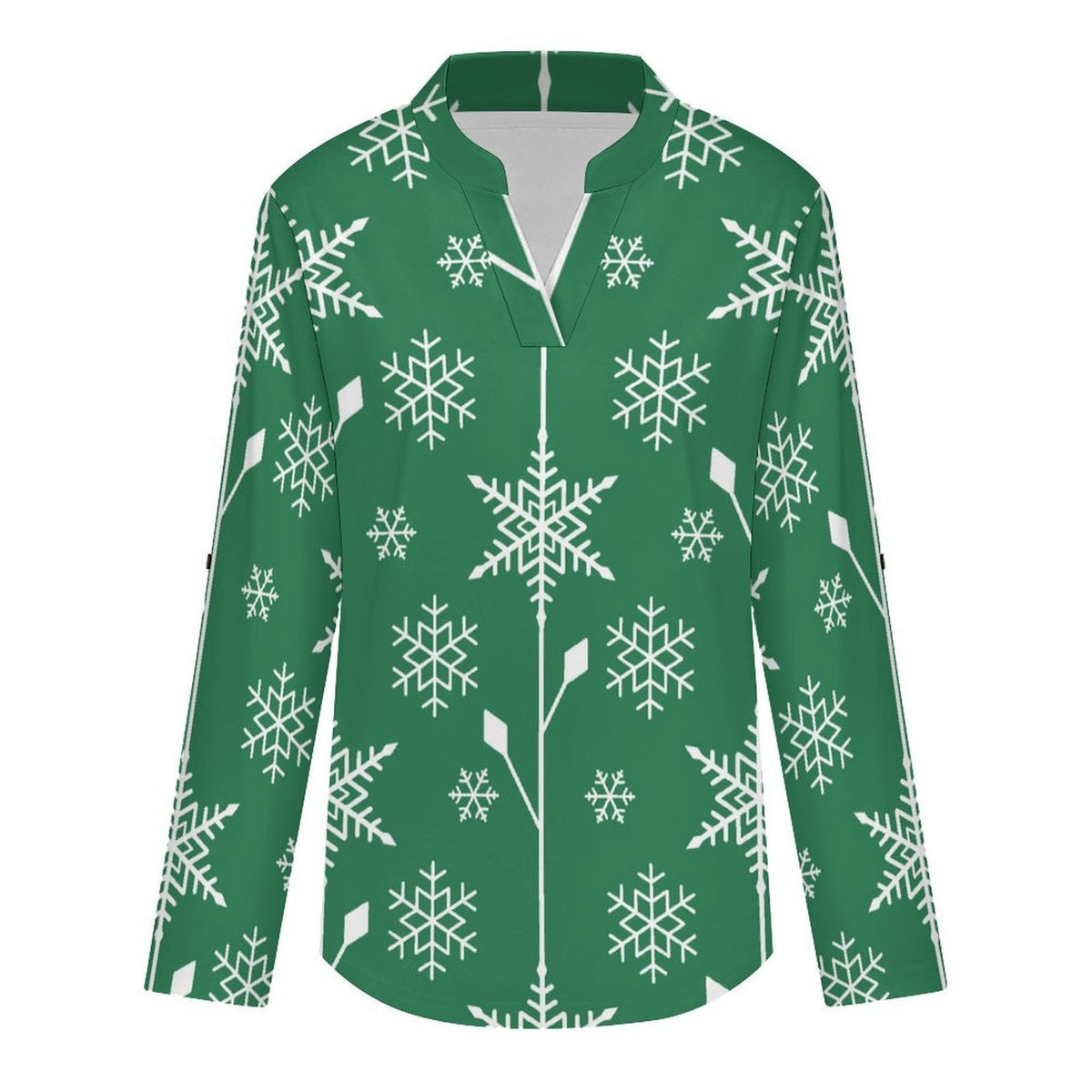 Women's Notched V Neck Tunic Tops, Roll Up 3/4 Sleeve Button Cuff Casual Blouse, Hem Loose Work Shirts  Snowflake Green Tile Repeat