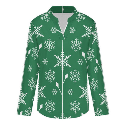 Women's Notched V Neck Tunic Tops, Roll Up 3/4 Sleeve Button Cuff Casual Blouse, Hem Loose Work Shirts  Snowflake Green Tile Repeat