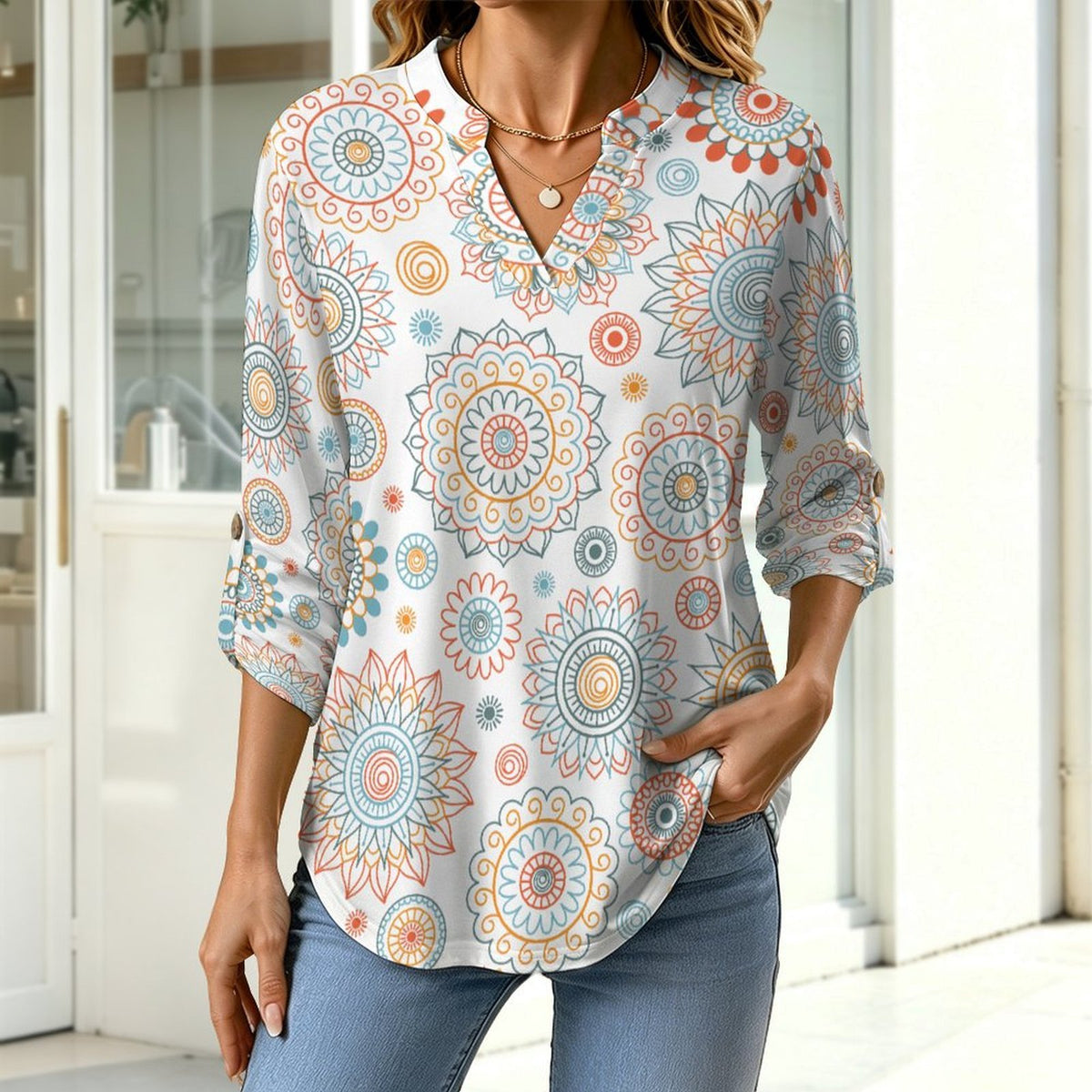 Repetitive Pattern  Versatile Notched V-Neck Tunic | Roll Tab 3/4 Sleeve Office Casual Top