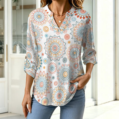 Repetitive Pattern  Versatile Notched V-Neck Tunic | Roll Tab 3/4 Sleeve Office Casual Top