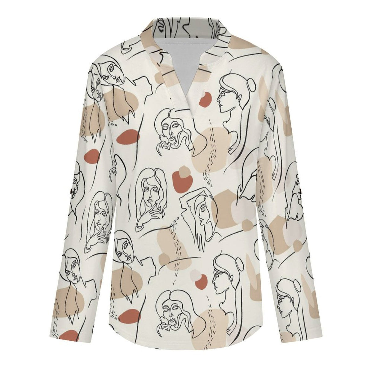 Stand-up Collar Long-sleeved Shirt Line Painting, Woman, Color Block white S Women’s V-Neck Blouses