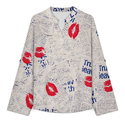 Newspaper Red Lip Print Blue Letters Roll Tab 3/4 Sleeve Notched V Neck Tunic Blouse