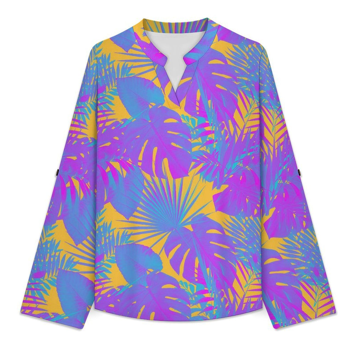 Stand-up Collar Long-sleeved Shirt Plant Summer white S Women’s V-Neck Blouses