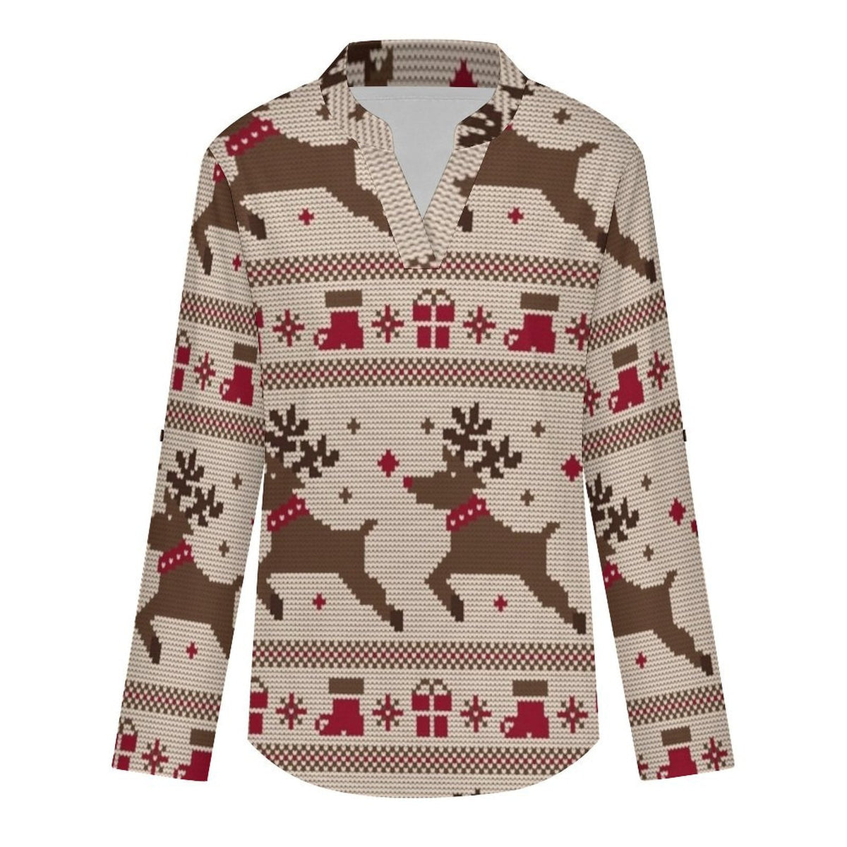 Christmas Pattern  Versatile Notched V-Neck Tunic | Roll Tab 3/4 Sleeve Office Casual Top