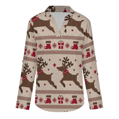 Christmas Pattern  Versatile Notched V-Neck Tunic | Roll Tab 3/4 Sleeve Office Casual Top