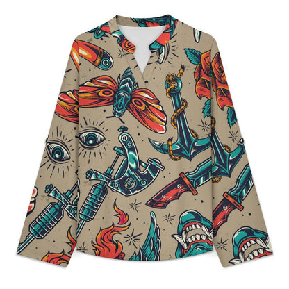Retro Patterns, Eyes, Evil Roll Tab 3/4 Sleeve Notched V Neck Tunic Blouse